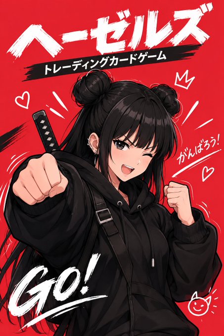 An anime-style illustration shows a girl with black hair in twin buns wielding a katana on a red background, with Japanese text reading 'へーぜルズ' (Hazels) and 'トレーディングカードゲーム' (Trading Card Game), along with 'GO!' and 'がんばろう!' text.