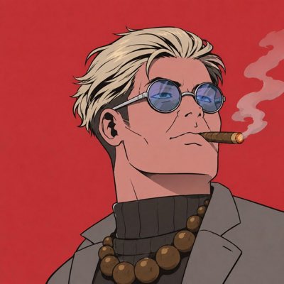 A stylized cartoon illustration of a blonde man with round blue sunglasses smoking a cigar, wearing a dark turtleneck, suit jacket, and large wooden beads, set against a solid red background.

The image appears to be the user's new profile picture—a comic-style, traditionally illustrated character meant to signal a retro, anti-crypto aesthetic, replacing any NFT-associated imagery to distance themselves from NFT or Azuki associations.