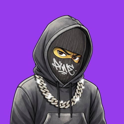 A cartoon illustration depicts a figure wearing a gray hoodie and black ski mask with the text 'Ame' on it, sporting a chunky silver chain necklace against a purple background.