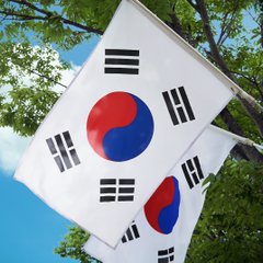 Two South Korean flags, featuring the iconic red-and-blue Taegeuk symbol and black trigrams on a white background, wave against a backdrop of green foliage and blue sky, symbolizing the nation where Jeonbuk Bank has made history as the first commercial bank to accept Bitcoin as collateral for corporate loans.