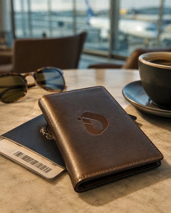 A leather passport holder, sunglasses, a boarding pass with visible barcode, and a cup of coffee rest on a marble airport lounge table, perfectly capturing the "coffee ready, passport ready" travel moment referenced in the post before the new week begins.