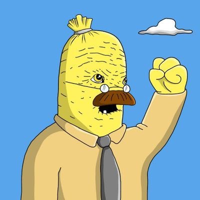 A cartoon character with a yellow banana-like head, brown mustache, glasses, and a tie, raising a fist against a blue sky with a cloud.