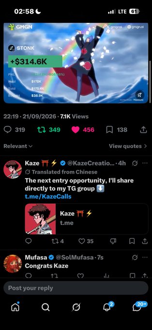 A social media feed shows a post by 'gmgn' featuring an anime-style character with stats, a reply by 'Kaze' (@KazeCreation) promoting 't.me/KazеCalls', and a congrats comment by 'Mufasa' (@SolMufasa).