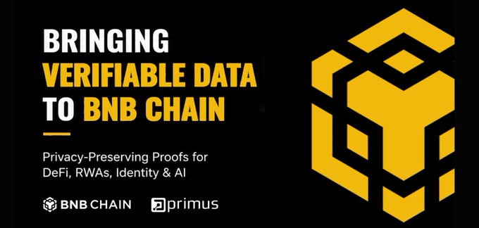 A black and yellow promotional graphic for BNB Chain and Primus announcing "Bringing Verifiable Data to BNB Chain" with the subtitle "Privacy-Preserving Proofs for DeFi, RWAs, Identity & AI," featuring a yellow geometric cube logo on the right side. The image visually reinforces the post's message about Primus Labs enabling zkTLS technology to verify web3 data onchain while protecting private information like balances and account history.