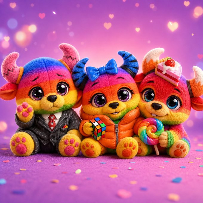 Three rainbow-colored plush puppies sit together against a purple heart-decorated background; the left one wears a pinstripe suit, the middle wears a blue bow and holds a Rubik's cube, and the right wears a strawberry cake hat and holds a rainbow lollipop.