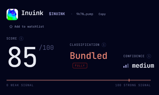A dashboard showing the token $INUINK (9k7N_pump) with a score of 85/100, classified as a "Bundled" scam with medium confidence, supporting the post's warning to avoid the token.