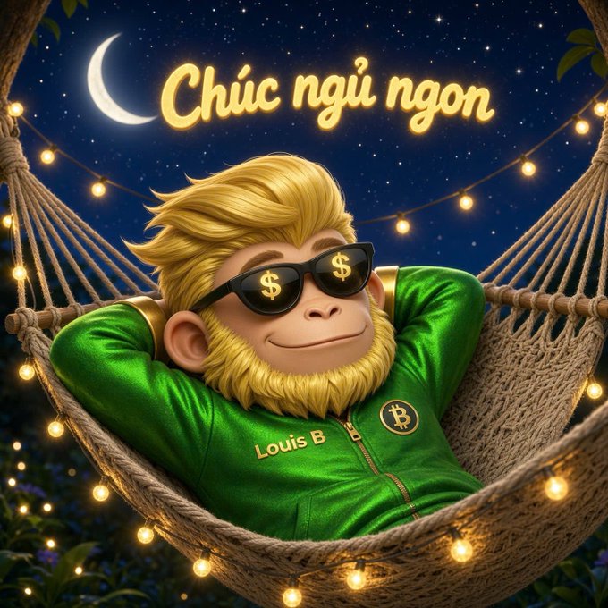 An illustration of a relaxed monkey wearing dollar-sign sunglasses and a green 'Louis B' jacket with a Bitcoin logo, lying in a hammock under a night sky with the text 'Chúc ngủ ngon'.