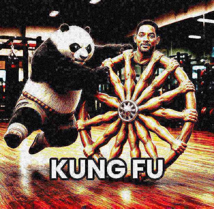 Will Smith and a panda perform an impressive kung fu wheel stunt in a gym, with bold "KUNG FU" text below — a humorous nod to "preparing for next week" by channeling his iconic *Kung Fu Panda* energy to tackle whatever challenges lie ahead.