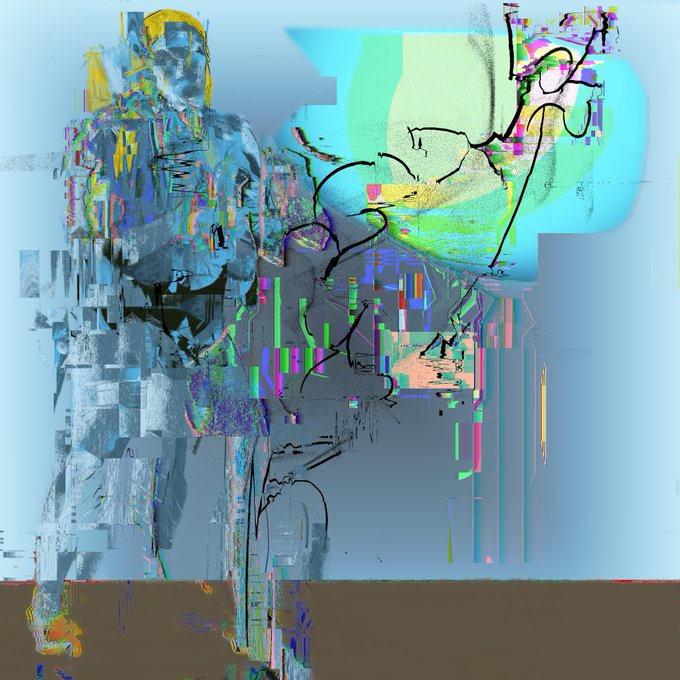 An abstract digital painting showing a stylized figure with a yellow head, rendered in glitchy, pixelated blocks of blue, gray, and green against a light blue background.