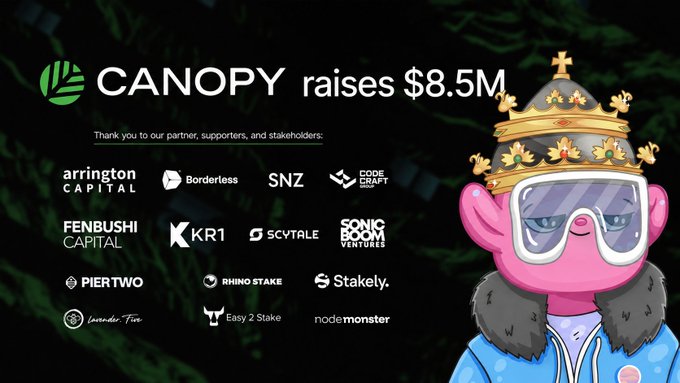 An announcement graphic stating 'CANOPY raises $8.5M' with logos of partners and supporters including Arrington Capital, Borderless, SNZ, Fenbushi Capital, KR1, Piertwo, Stakely, and others, featuring a pink monkey mascot wearing a crown and sunglasses.