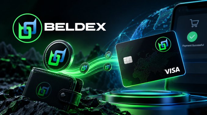 A promotional graphic displays the 'BELDEX' logo alongside digital coins, a black wallet, and a black Visa card against a dark, space-themed background with green accents.