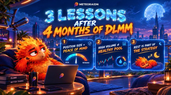 A thumbnail for 'METEORAIDN' titled '3 LESSONS AFTER 4 MONTHS OF DLMM' features three tips about position size, volume, and rest, illustrated with an orange furry creature.