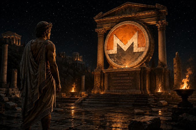 A dramatic digital artwork of a robed figure standing before an ancient stone monument displaying a glowing Monero (XMR) cryptocurrency emblem at night.