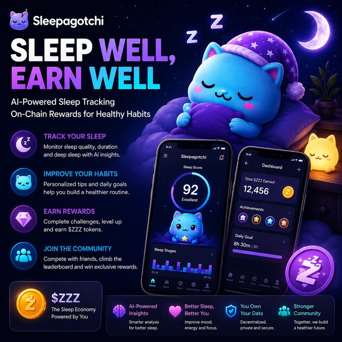 An advertisement for 'Sleepagotchi' showing 'SLEEP WELL, EARN WELL' with a blue cat character and phone mockups displaying sleep tracking and $ZZZ token rewards.