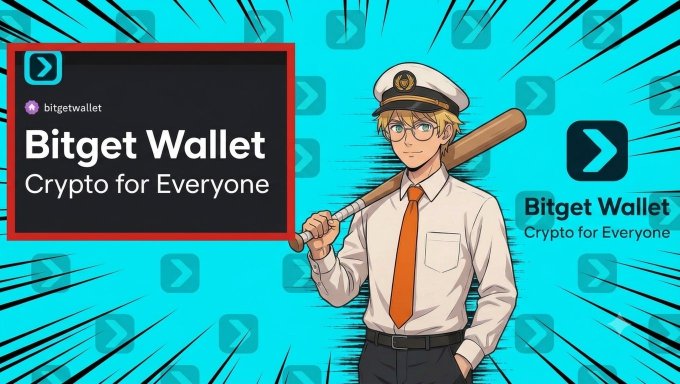 A promotional graphic for 'Bitget Wallet' with the tagline 'Crypto for Everyone,' featuring an anime-style character in a white captain's hat holding a baseball bat against a blue background with radiating speed lines.