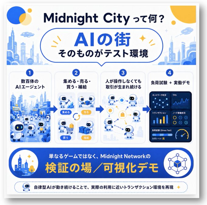 A promotional infographic explaining "Midnight City" as an AI city that serves as a test environment, featuring four numbered steps showing hundreds of AI agents engaging in buy/sell/supply transactions autonomously for load testing and live demos on the Midnight Network.