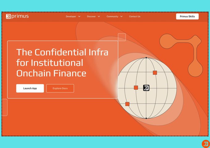 Website banner for Primus describing it as 'The Confidential Infra for Institutional Onchain Finance' with navigation tabs for Developer, Discover, Community, and Contact Us.