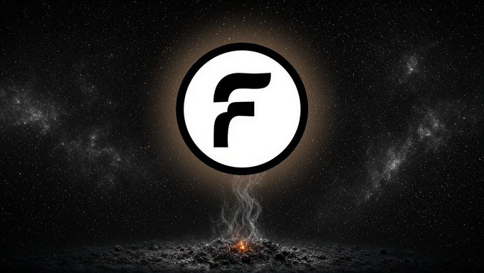 A stylized image featuring a white circle with a black 'F' logo hovering over a small fire against a dark, starry background.