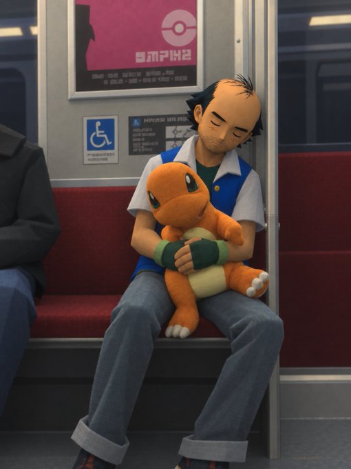 A 3D-animated style illustration of a tired, balding man sitting on a red train seat, sleeping while hugging a Charmander plush toy.