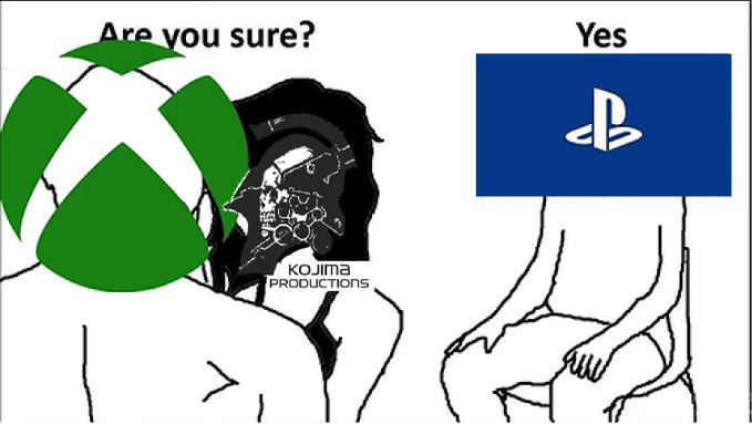 A meme image shows a Xbox-branded character asking "Are you sure?" to a character with a PlayStation logo head replying "Yes," with "KOJIMA PRODUCTIONS" text visible.
