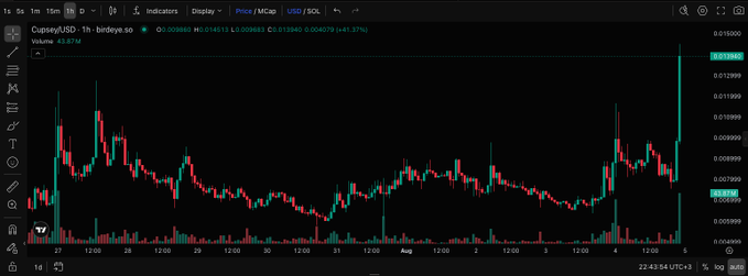 A TradingView candlestick chart for CUSDC/USD on the birdeye.so platform, displaying price action with green and red candles, volume bars at the bottom, and a current price of 0.009861.