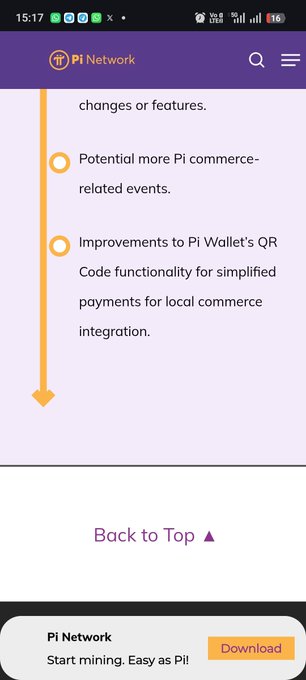 A mobile screenshot from the Pi Network app showing a list of potential updates including 'Potential more Pi commerce-related events' and 'Improvements to Pi Wallet's QR Code functionality', with a 'Back to Top' link.