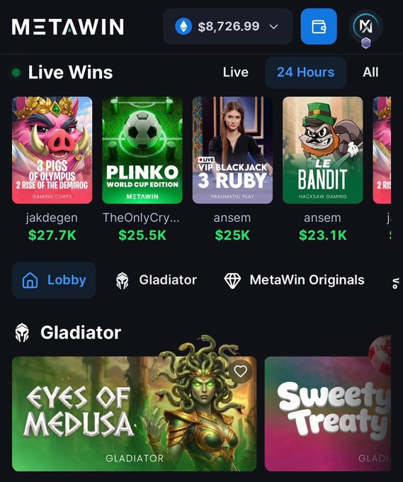 A screenshot of the MetaWin online casino showing a user's balance of $8,726.99 and recent "Live Wins" including $27.7K from "3 Pigs of Olympus," $25.5K from Plinko, and $25K from VIP Blackjack, which the poster is promoting with a promo code "X100" offering a deposit match bonus.