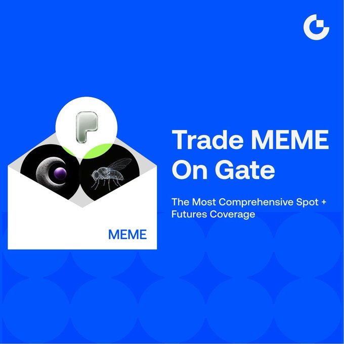 A blue promotional graphic advertises 'Trade MEME On Gate - The Most Comprehensive Spot + Futures Coverage' with the Gate.io logo and an envelope icon labeled 'MEME'.