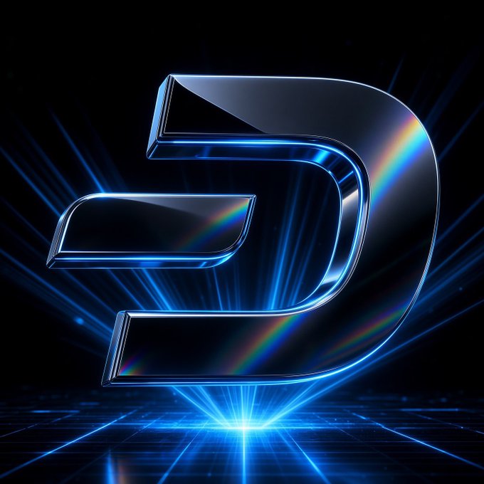 A stylized 3D rendering of the Dash cryptocurrency logo in metallic blue with rainbow light reflections against a dark, glowing background.