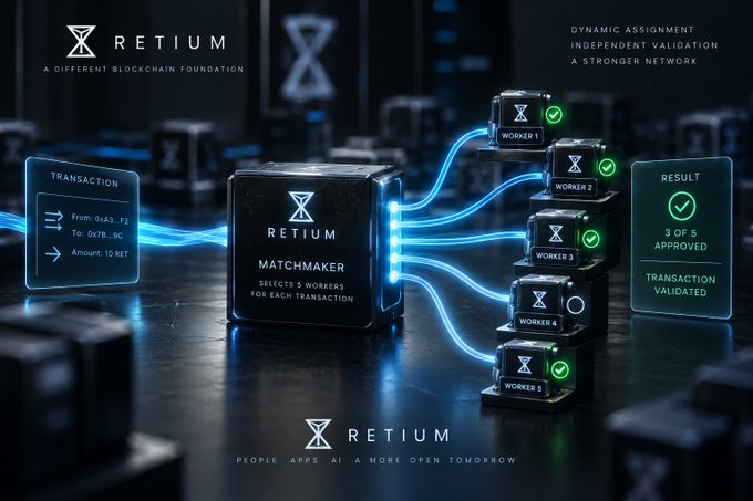 A technical diagram for "RETIUM" blockchain foundation showing a transaction flowing into a central Matchmaker block, which assigns 5 workers and validates the transaction as "3 OF 5 APPROVED."