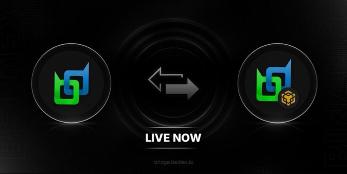 A dark promotional banner with the text 'LIVE NOW' and 'bridge.beldex.io', displaying two circular icons with blue and green logos and an exchange arrow in the center.
