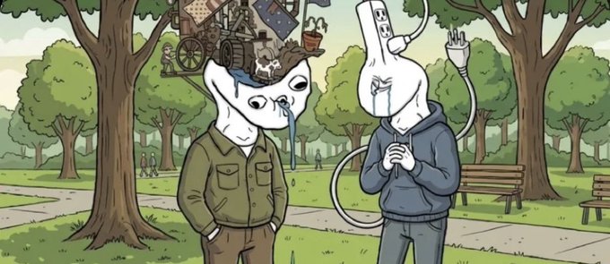 An animated illustration of two humanoid characters with surreal, distorted heads—one wearing a green jacket and otherworldly headpiece, the other in a gray hoodie holding what appears to be a piece of toast—standing in a park setting.