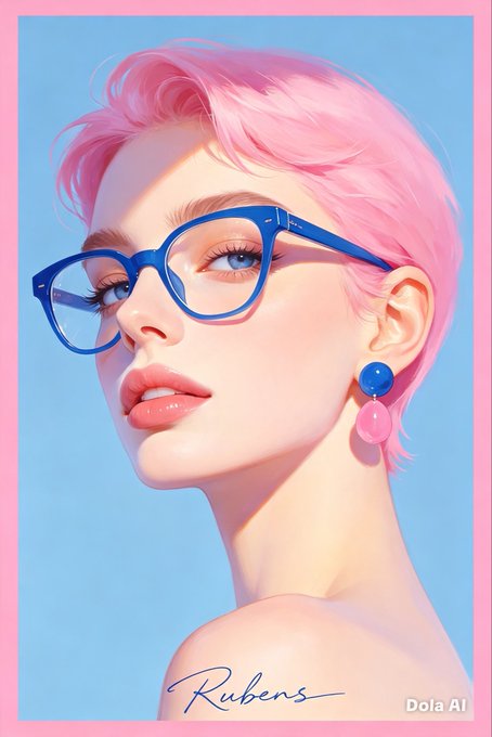Stylized digital portrait of a person with short pink hair wearing blue-rimmed glasses and pink earrings, signed "Rubens" with "Dola AI" watermark.