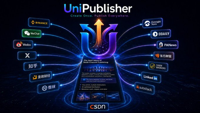 A promotional graphic for 'UniPublisher' displays a central U logo with arrows radiating out to various platforms including Binance, WeChat, Weibo, X, 知乎, 金色财经, 雪球, Foresight News, 0DAILY, PANews, 东方财富, Tiger Brokers, LinkedIn, Substack, and CSDN.
