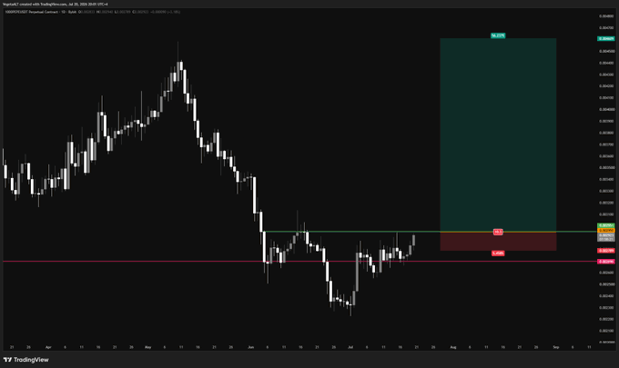 The image displays a TradingView chart of $PEPE/USDT on Binance, showing a recent price uptrend following a significant decline, with a trade setup marked featuring a stop loss at 0.000007914, entry around 0.000009754, and take profit levels highlighted in green and red zones on the right side.
