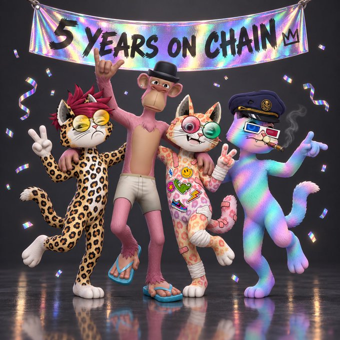 A colorful 3D-rendered celebration image featuring four anthropomorphic characters (a leopard, pink monkey, cat, and rainbow cat) under a holographic banner that reads '5 YEARS ON CHAIN'.