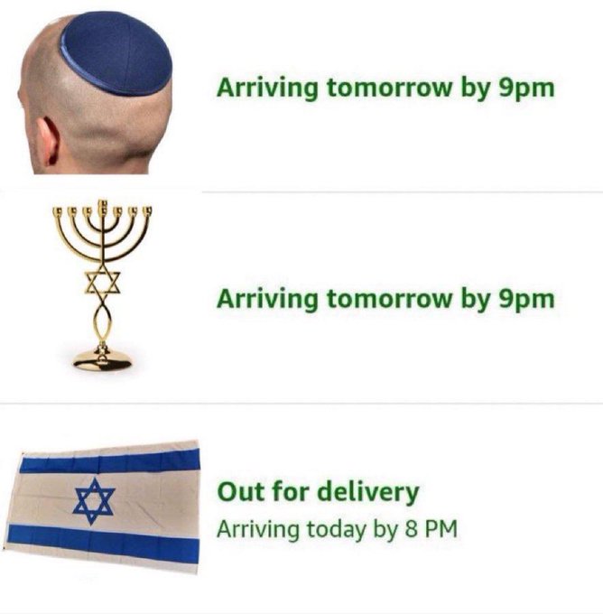 An Amazon-style delivery tracking meme with three items: a kippah ('Arriving tomorrow by 9pm'), a menorah ('Arriving tomorrow by 9pm'), and an Israeli flag ('Out for delivery - Arriving today by 8 PM').