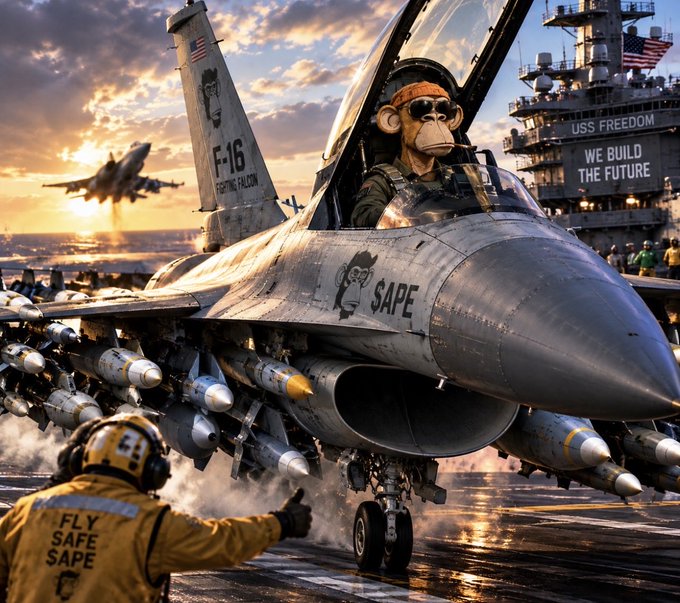 An AI-generated image of an F-16 fighter jet on an aircraft carrier with 'SAPE' graffiti, featuring a monkey pilot, a 'FLY SAFE SAPE' deck crew member, and the USS Freedom with a 'WE BUILD THE FUTURE' banner.