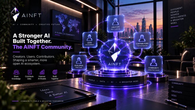 A promotional banner for AINFT reading 'A Stronger AI Built Together. The AINFT Community,' showing a glowing globe surrounded by categories like Creators, Users, Contributors, Developers, and Community.