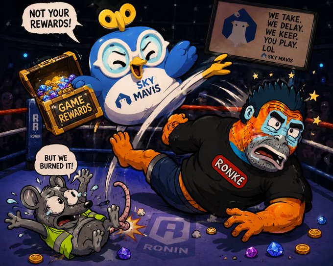 A colorful cartoon illustration depicting a boxing match between a 'Sky Mavis' owl character holding a 'Game Rewards' chest and a fighter named 'RONKE' wearing a Ronin shirt, with a mouse character in the corner saying 'BUT WE BURNED IT!'.