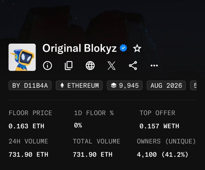 A profile page for the NFT collection 'Original Blokyz' on Ethereum, showing a floor price of 0.163 ETH, a top offer of 0.157 WETH, 24H volume of 731.90 ETH, and 4,100 unique owners.