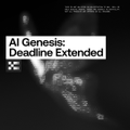 The image shows a low-light X-ray-style skeletal or anatomical figure with a text overlay reading "AI Genesis: Deadline Extended" and a small "404" near the figure's head. The accompanying post appears unrelated, announcing the launch of "RiskSizer"—an AI-callable trading position-sizing tool for the #OKXAI agent economy on @XLayerOfficial—as the post's content does not match the cryptic, unrelated imagery shown.