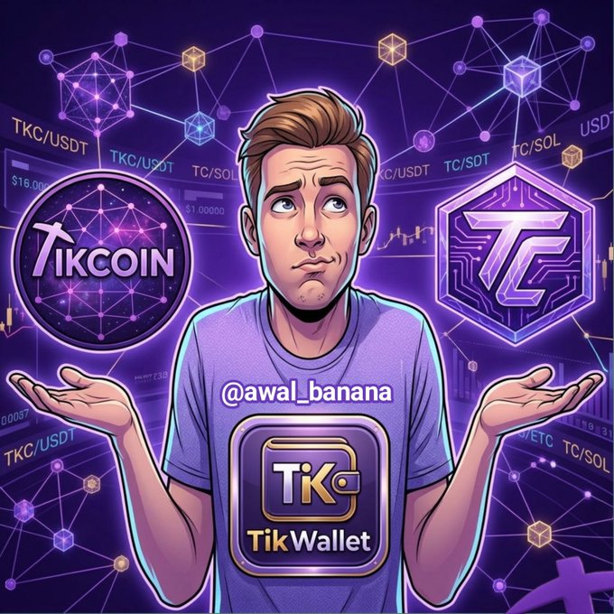 A shrugging cartoon character wearing a "TikWallet" shirt stands between the TikCoin logo and a "TC" emblem, surrounded by trading pairs like TKC/USDT and TC/SOL—visually embodying the post's message of patiently waiting for skeptics to see the completed TikCoin, TikChain, and TikWallet ecosystem when it lists on an exchange.
