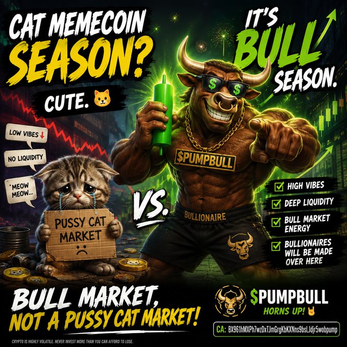 A vibrant cryptocurrency meme graphic comparing 'CAT MEMECOIN SEASON?' to 'BULL SEASON', featuring a muscular bull in sunglasses labeled '$PUMBULL' and a sad kitten holding a 'PUSSY CAT MARKET' sign.