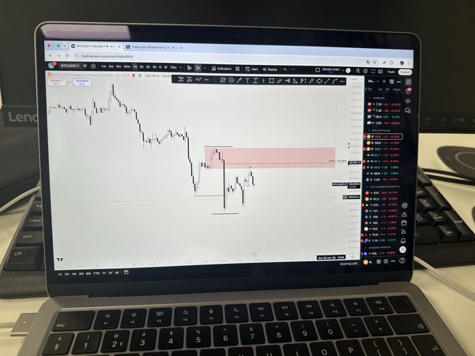 A laptop on a desk displays a TradingView chart of BTCUSD on a weekly timeframe, showing a sharp downtrend with a highlighted red supply zone and bearish price action—visually reinforcing the poster's bearish stance on Bitcoin heading into the weekend.