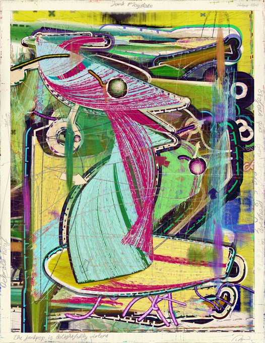 A vibrant, chaotic abstract painting filled with energetic brushstrokes in shades of green, yellow, blue, and pink. The artwork features overlapping geometric and biomorphic shapes, including spheres and arrows, with handwritten text in the margins like "Jacks Flagtote" and "In Jackpot is absolutely rotten."