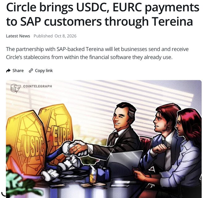 A Cointelegraph news article titled 'Circle brings USDC, EURC payments to SAP customers through Tereina', published on Oct 8, 2026, with an illustration of businesspeople shaking hands.