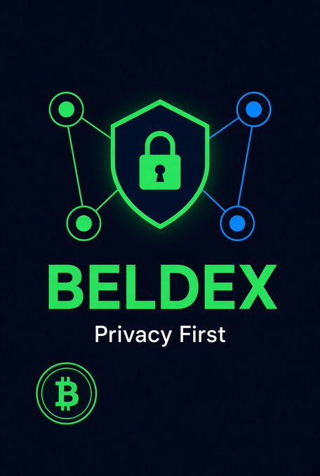 The image shows the Beldex logo—a green shield with a padlock flanked by connected network nodes—above the "BELDEX" name, the tagline "Privacy First," and a Bitcoin-style "B" coin icon, visually reinforcing the post's message about Beldex's evolution into a privacy-focused blockchain network.