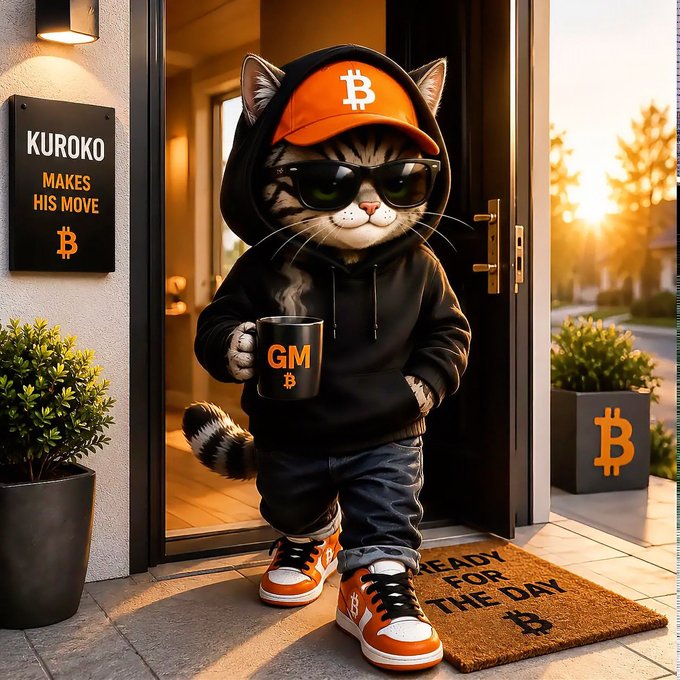 An anthropomorphic cat wearing a Bitcoin-logo orange cap, sunglasses, and a black hoodie labeled "GM ₿" stands at a doorway with a "KUROKO MAKES HIS MOVE ₿" sign.
