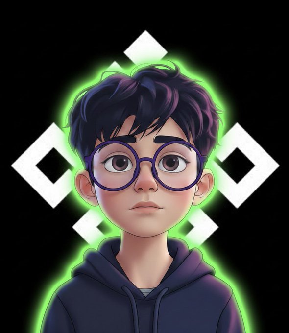 A cartoon-style portrait of a young person with dark hair, round glasses, and a black hoodie, set against a black background with glowing green and white geometric symbols. The image evokes a ritualistic, cleansing aesthetic that ties into the post's message about pledging allegiance to @ritualnet.